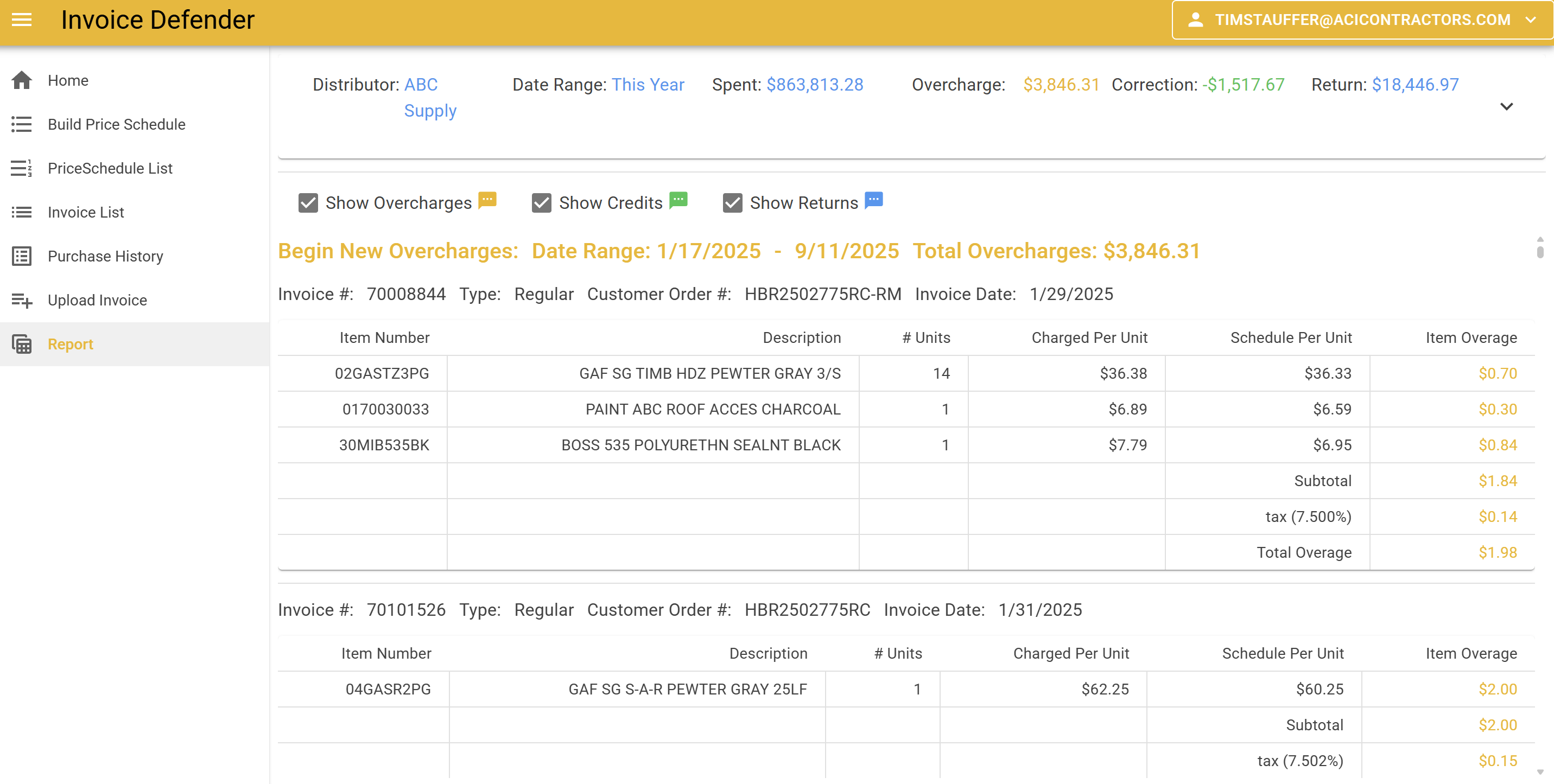 Invoice Defender overcharge report
